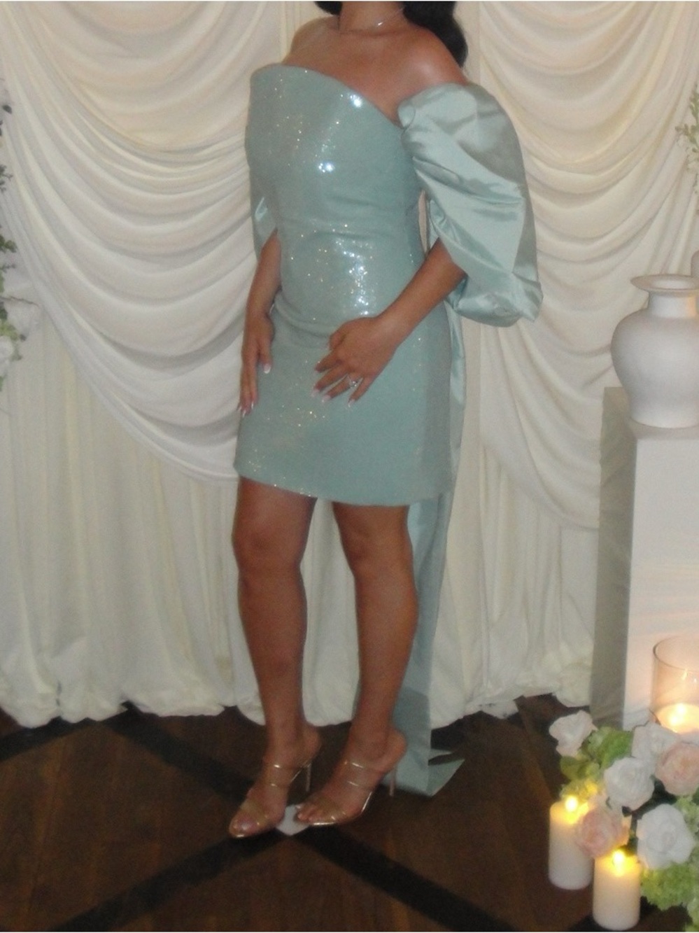 NADINE MERABI Sage Green One-Shoulder Sequin Mini Dress